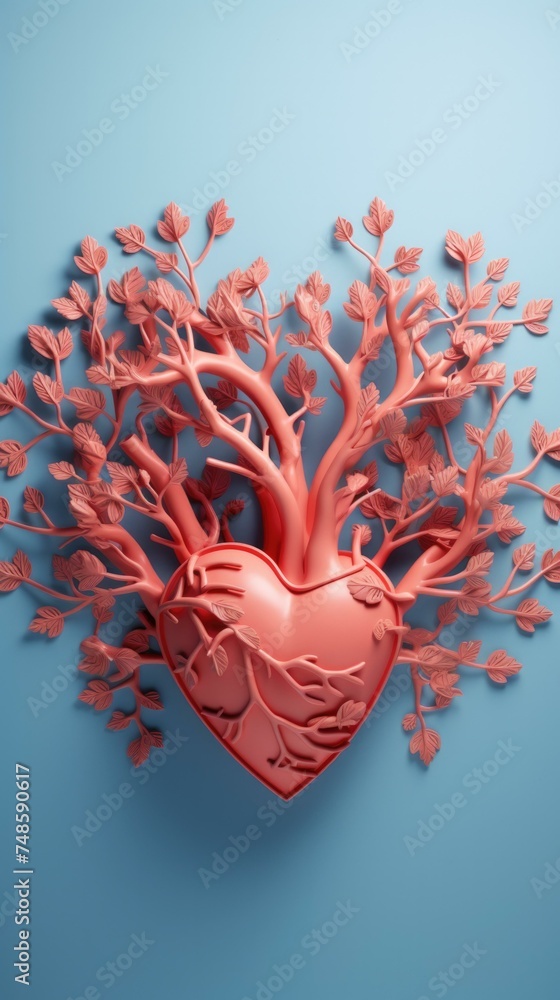 Poster 3d rendering of a heart with branches and leaves. generative ai.