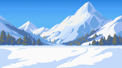 Winter pixel art, mountain landscape in 8-bit retro video game style. Vector seamless background.