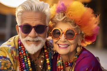 Stylish elderly couple with colorful hair and tattoos, trendy fashionable seniors