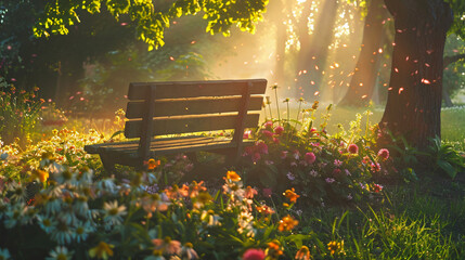 Bench and flowers in the morning.