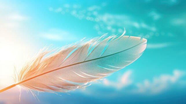 a close up of a white feather on a blue and green background with a sun in the sky in the background.