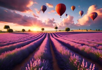 Beautiful image of stunning sunset with atmospheric clouds and sky over vibrant ripe lavender fields in English countryside landscape with hot air balloons flying high. AI generated