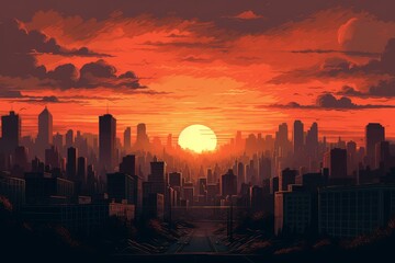 Nostalgic Retro city sunset. Space grid. Generate Ai