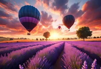 Beautiful image of stunning sunset with atmospheric clouds and sky over vibrant ripe lavender...