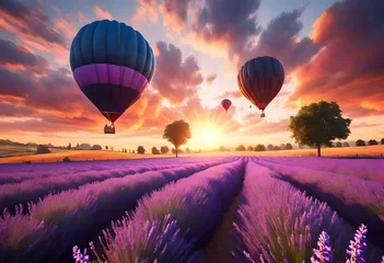 Abwaschbare Fototapete Purpur Beautiful image of stunning sunset with atmospheric clouds and sky over vibrant ripe lavender fields in English countryside landscape with hot air balloons flying high. AI generated