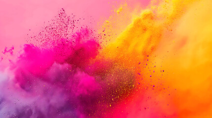 Obraz premium Vibrant colorful splashing powder from the left side of image on pink and orange background with copy space for text. Suitable for Holi festival presentations or banner design.