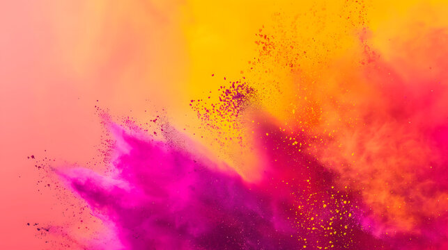 Vibrant colorful splashing powder from the right corner of image on orange background with copy space for text. Suitable for Holi festival presentations or banner design.