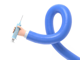 3d render. Doctor cartoon hand holding big syringe with vaccine against virus. Medical healthcare illustration. Pharmaceutical clip art.Supports PNG files with transparent backgrounds.long arms concep