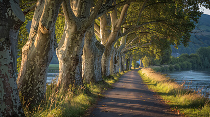 Bicycle path lined with plane trees (Platanus).