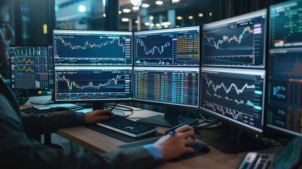 Working with real-time stocks on a computer with multiple monitors is a financial analyst.