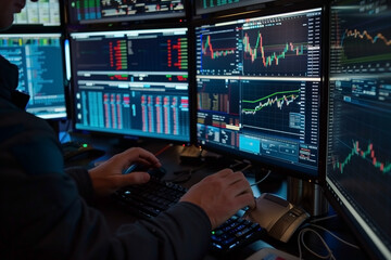 Naklejka premium Working with real-time stocks on a computer with multiple monitors is a financial analyst.