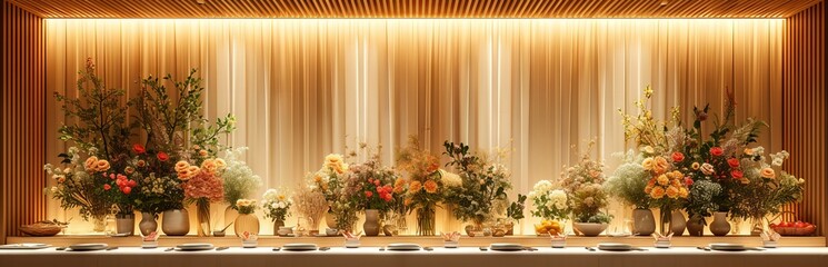 Wedding table decorated with bouquets of pink and peach flowers.
Concept: Banquet decoration with elements of luxurious floral decor. Catering Banner