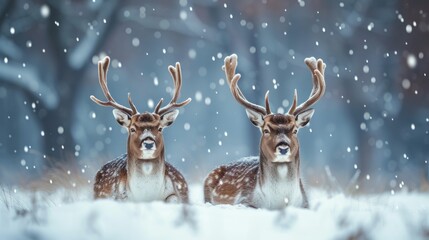 a couple of deer standing next to each other on top of a snow covered ground with trees in the background.