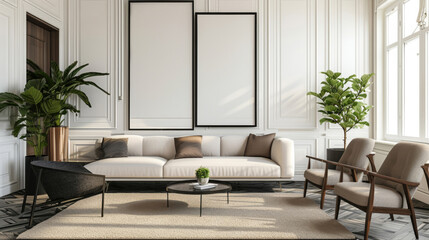 Fototapeta premium Sunlight, room and serene ambiance for chill vibes, natural light and a calming atmosphere. Soft shadows, streaming sunlight and cozy furnishings create an idyllic space. Perfect for home decor blogs