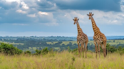 Obraz premium a couple of giraffe standing next to each other on a lush green field under a cloudy blue sky.