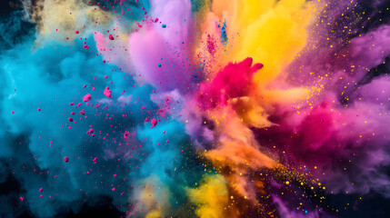 Vibrant colorful splashing powder from the center of image on black background. Suitable for overlaid quote or text on it for Holi festival presentations or banner design. - obrazy, fototapety, plakaty