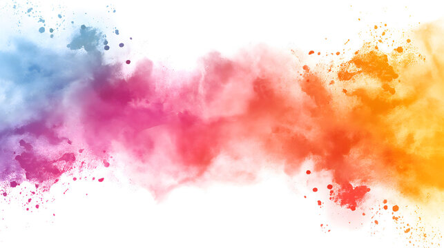Vibrant colorful splashing colors from the center of image in horizontal line on white background. Suitable for overlaid quote or text on it for Holi festival presentations or banner design.
