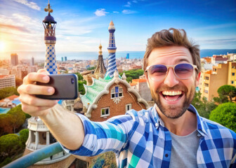 Cheerful Tourist Captures Selfie at Park Guell, Barcelona, Spain: Smiling Man Embraces Vacation Memories - obrazy, fototapety, plakaty
