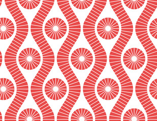 Simple and elegant design of wavy lines and striped red circles on a white background. Abstract geometric style. Seamless repeating pattern. Decorative vector illustration for fabric.