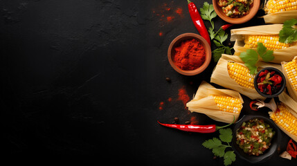 Assorted spices and corn on the cob setup on a dark background
