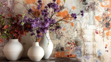 three white vases with purple flowers in front of a wall with peeling paint and a wallpapered background.
