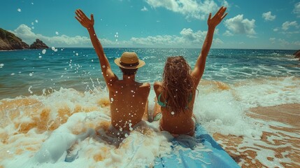 Two happy people having fun on the beach, sitting on blue sunbed with hands raised up, spending leisure time together. Summer holidays concept. Tourism. Travelers. - obrazy, fototapety, plakaty