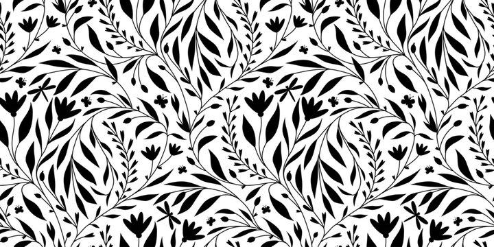 Abstract pattern of herb blooming and dragonfly on white background. Black and white springtime pattern. Seamless floral pattern with flowers and butterflies on white background.