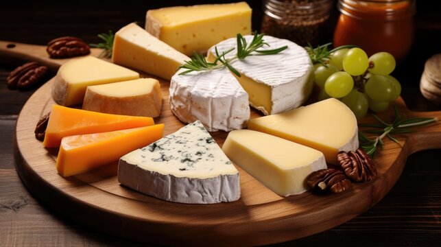 Round cheese wooden plate with various types of cheese, delicacies and fruits.