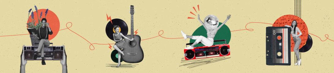 Panoramic collage youth carefree weekend entertainment clubbing discoball party guitarist reader...