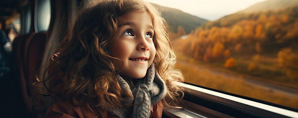 Little girll in train lookin from window at nature land. Children travel in train concept. - obrazy, fototapety, plakaty