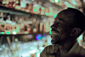 Joyful Moments - Man Laughing in Ambient Bar.
Candid shot of a man laughing heartily in the ambient lighting of a cozy bar.