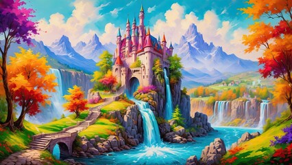 Colorful castle with beautiful waterfall, watercolor painting of a landscape