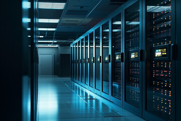 Fototapeta premium Server room at a data center with a futuristic vibe.