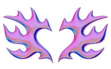 3D flame in the shape of wings and a heart. Trendy Y2K element. Iridescent colorful burning fire shape with glossy gradient effect. 3D render. Isolated illustration