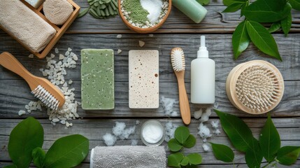 a wooden table topped with lots of different types of soaps and scrubs on top of a wooden table. - obrazy, fototapety, plakaty