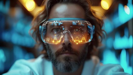 A man wearing safety glasses with technological data reflected.
Concept: High-tech virtual reality, scientific developments.