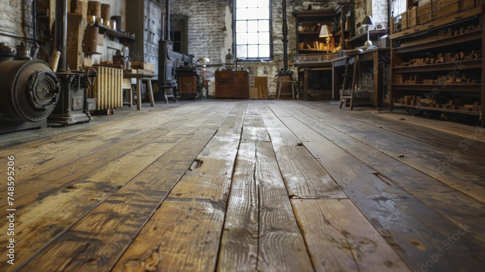 Wall mural echoes of innovation, an ancient workshop, its floorboards worn by the footsteps of inventors and cr - Wall murals