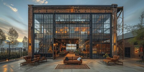 Adaptive Reuse Brilliance: An abandoned factory thrives as a tech startup hub, preserving industrial charm for innovation. - obrazy, fototapety, plakaty