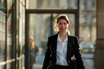 Front view of a young woman in a suit walking proudly down the street.