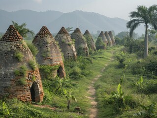 Distinctive beehive-shaped kilns, remnants of the brick-making industry, now stand as rustic sculptures in a reshaped landscape. - obrazy, fototapety, plakaty