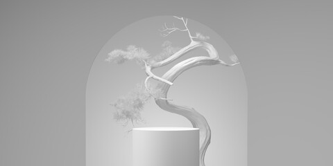 Japanese style abstract product background Pedestal and bonsai tree, white background for product presentation. 3D illustration