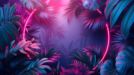 Modern trendy neon glowing light with neon blue palm tropical leaves on a violet background. Design template. Frame with copy space for text. Top view, flat lay.