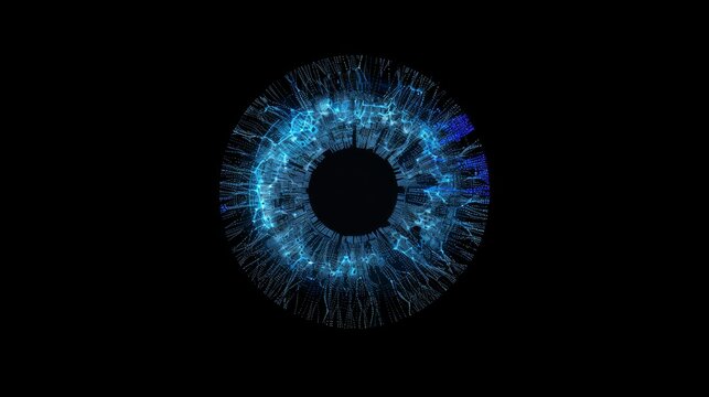 an eye made of blue digital particles, a futuristic pupil or iris made of blue elements, on a black background, cyber tecnology concept