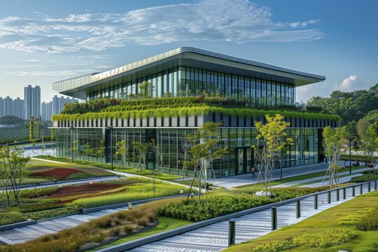 A sustainable industrial site with green roofs, solar panels, and innovative waste recycling systems.