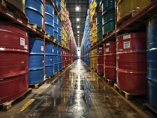 Hazardous Materials Storage: Highly regulated warehouses are designed to safely store chemicals and other dangerous goods, protecting workers and the environment. - obrazy, fototapety, plakaty