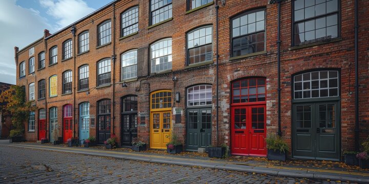 Historic Warehouse District, A row of old, brick warehouse buildings, their facades telling stories of the industrial age, now repurposed for modern retail and office spaces