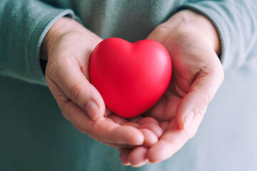 Weibliche Hände halten ein rotes Herz. Gesundheit, Liebe, Nahaufnahme.