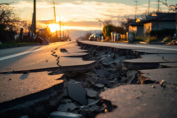 Road collapses with huge cracks. Earthquake.