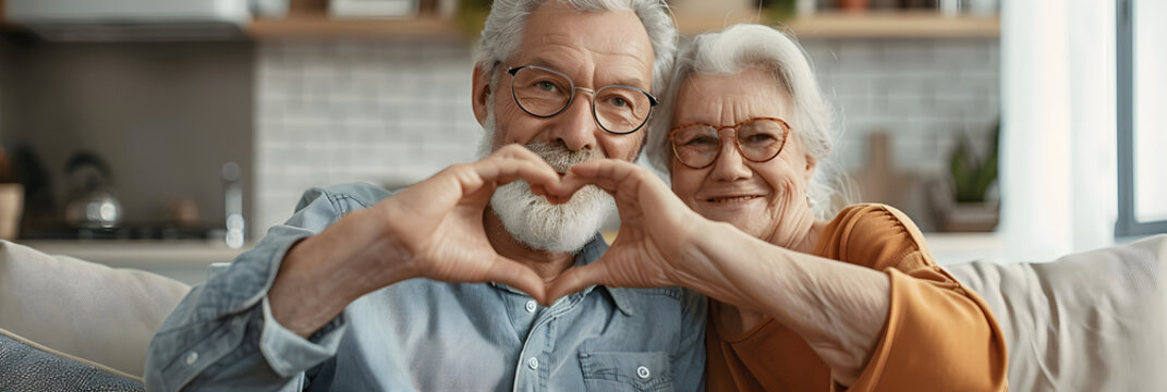 Close Up Portrait Happy Sincere Middle Aged Elderly Retired Family Couple Making Heart Gesture With Fingers, Showing Love Or Demonstrating Sincere Feelings Together Indoors, Looking At Camera..