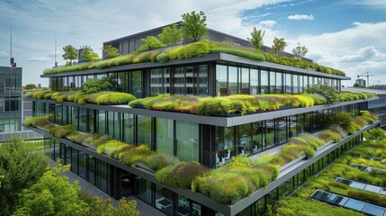 Fototapeta na wymiar Modern industrial buildings with green roofs, solar panels, and energy-efficient systems set new environmental standards.